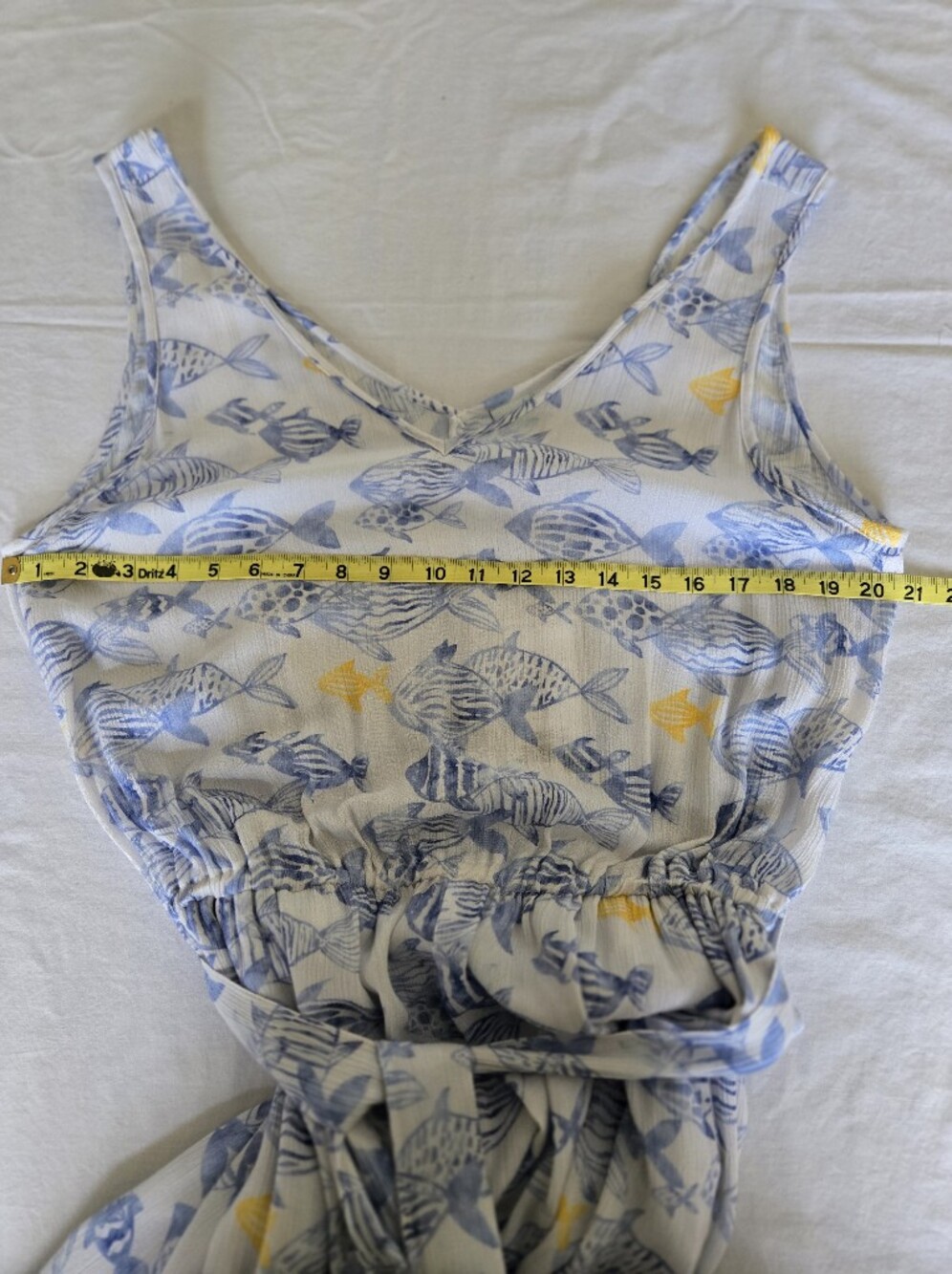 Sleeveless Blue & White Fish-Print V-Neck Jumpsuit with Tie Waist - Picture 9 of 16